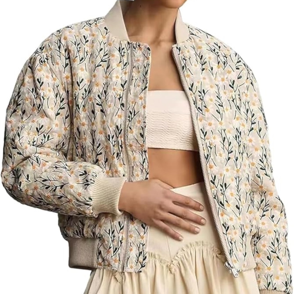 NWOT Floral Embroidered Linen Bomber Jacket - Picture 1 of 7